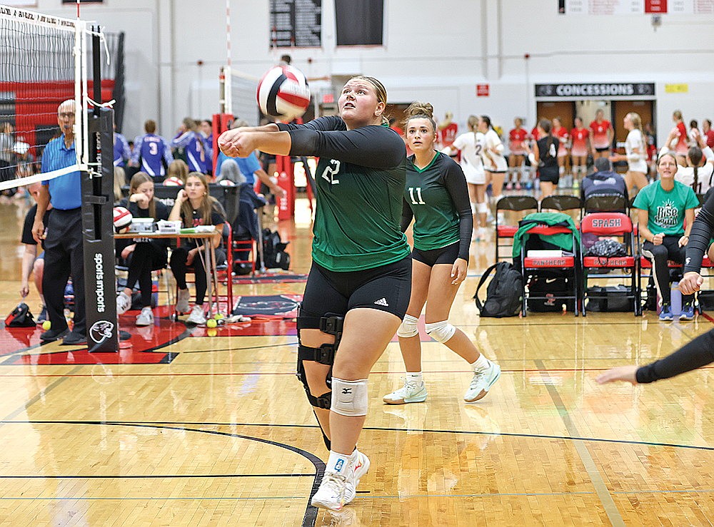 Rhinelander’s Libbey Buchmann bumps the ball during a non-conference volleyball match against Berlin in Stevens Point Tuesday, Aug. 26. Coach Jayme Wyss said Buchmann, is expected to undergo a procedure next week on a troublesome right knee which will most likely cost the senior most, if not all, of the season. (Bob Mainhardt for the River News)