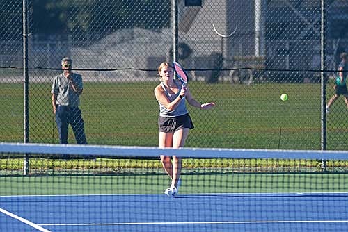 Maelle Lamers connects on a cross-court shot for a point in her No. 2 singles match against Medford Thursday, Aug. 28 at the Lakeland Union High School tennis courts in Minocqua. (Photo by Brett LaBore/Lakeland Times)