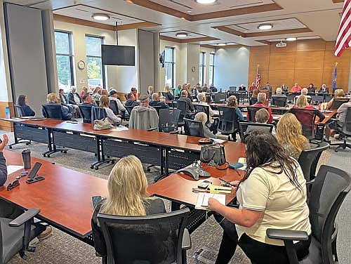 An Aug. 28 meeting of Vilas County town and municipal officials at the Vilas County courthouse in Eagle River regarding emergency management services in the county was well attended. (Photo by Brian Jopek/Lakeland Times)