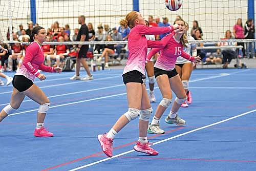 Lexi Gindorff looks to send the ball over against Eau Claire North during the Menomonie Sprawl Invite Saturday, Aug. 30 at Johnson Fieldhouse at the University of Wisconsin-Stout in Menomonie. (Photo by Brett LaBore/Lakeland Times)