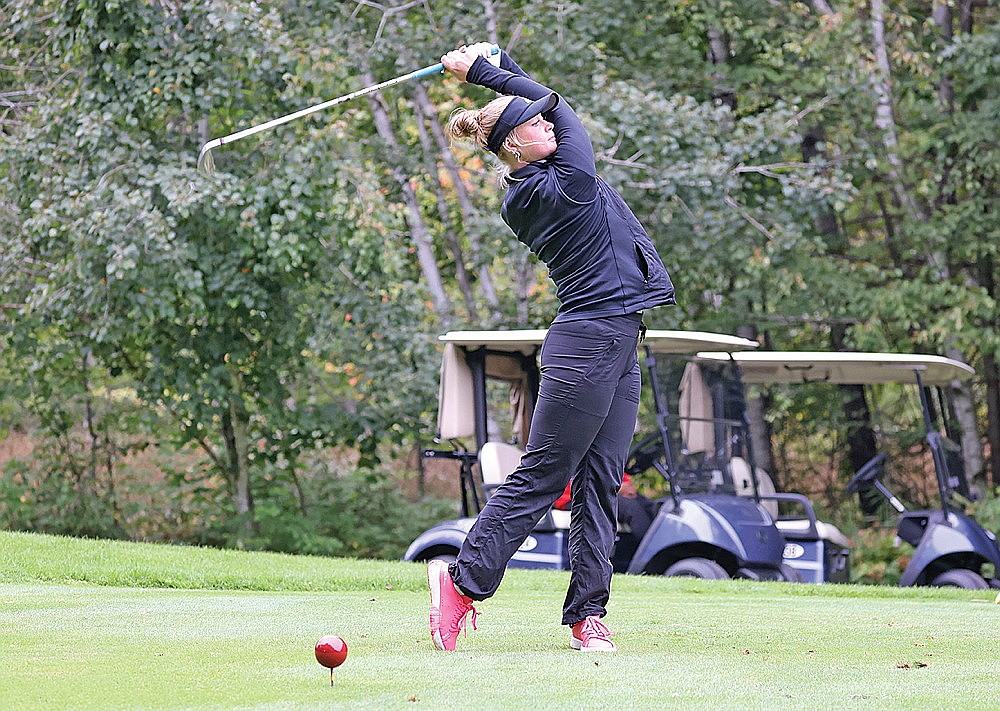 Rhinelander’s Nevaeh Anderson hits her tee shot on the par-4 17th hole at Northwood Golf Club during a non-conference girls’ golf match Thursday, Sept. 4, Anderson shot 58 to take medalist honors in the 3-team meet. (Bob Mainhardt for the River News)