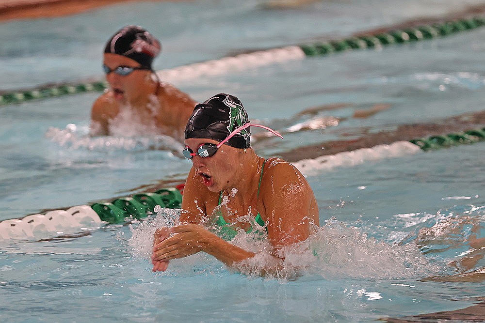 Rhinelander’s Ella Heck leads the way in the 100-yard breaststroke during a GNC girls’ swimming double dual against Antigo and Medford at the Heck Family Community Pool Thursday, Sept. 4. Heck won all four of her events as the Hodags claimed dual meet wins over the Red Robins and the Raiders. (Bob Mainhardt for the River News)