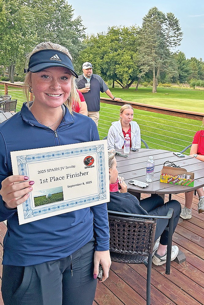 Rhinelander’s Nevaeh Anderson poses with her certificate after taking medalist honors at the Stevens Point JV girls’ golf invite at Wisconsin River G.C. Monday, Sept. 8. Anderson shot 45 to win the event by a stroke over Wausau East/West’s Ruby Thurs. (Submitted photo)