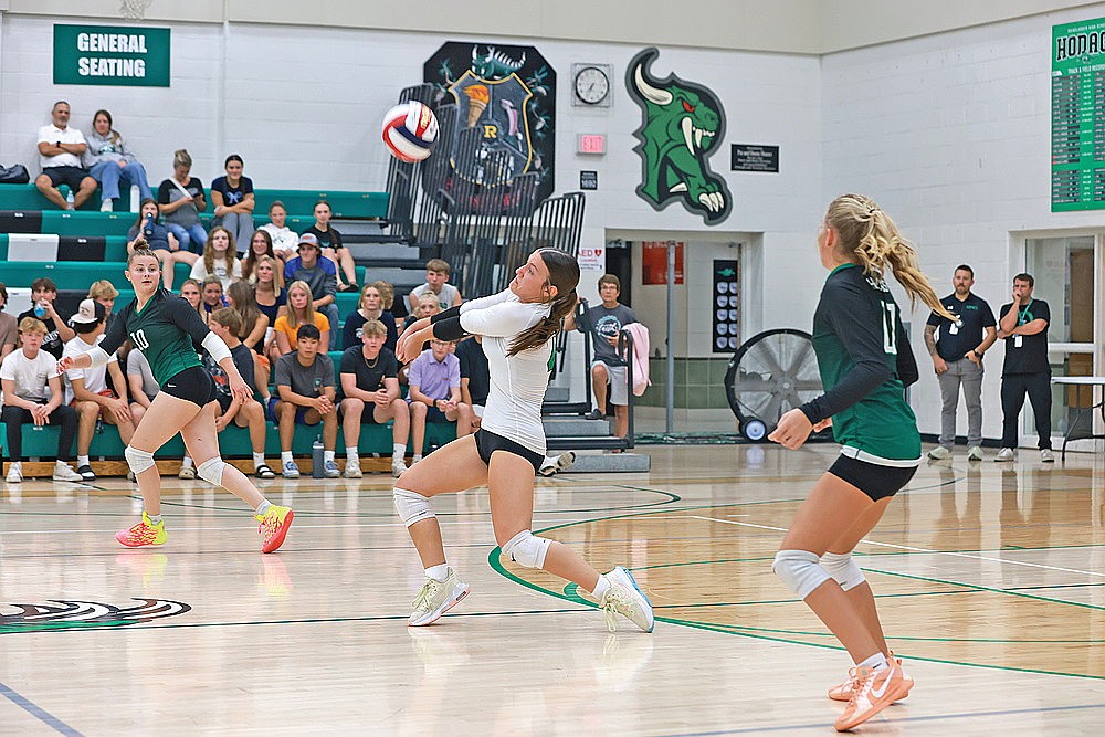 Rhinelander’s Kayla Skubal bumps the ball while teammates Tori Stella (10) and Maddie Paulson (17) look on during a GNC volleyball match against Lakeland at the Jim Miazga Community Gymnasium Tuesday, Sept. 16. (Bob Mainhardt for the River News)