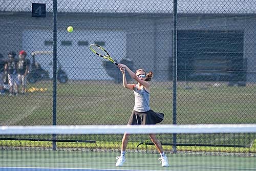Sierra Wallace sends the ball back in her No. 1 singles match against Antigo Tuesday, Sept. 16 at the Lakeland Union High School tennis courts in Minocqua. Wallace found victory at 6-1, 6-0. (Photo by Brett LaBore/Lakeland Times)