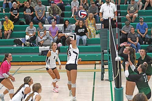 Sylvi Berklund spikes the ball for a kill in the second set of a conference match against Rhinelander Tuesday, Sept. 16 at Jim Miazga Community Gymnasium in Rhinelander. (Photo by Brett LaBore/Lakeland Times)
