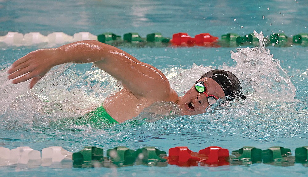 Rhinelander’s Rylee Mickevicius competes in the 500-yard freestyle during a GNC girls’ swim dual meet against Lakeland at the Heck Family Community Pool Thursday, Sept. 18. Mickevicius won the event, and the Hodags took all 11 races from the T-Birds in a 121-49 victory. (Bob Mainhardt for the River News)