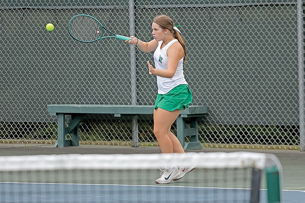 Rhinelander’s Taylor McKinney hits a return during a GNC girls’ tennis match against Lakeland at the RHS tennis courts Thursday, Sept. 18. McKinney was a straight-set winner of Lakeland’s Katy Janowiec at No. 3 singles as Rhinelander won the dual, 5-2. (Jeremy Mayo/River News)