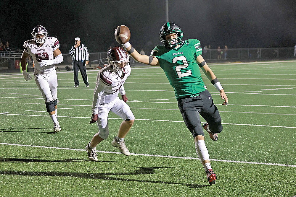 Rhinelander’s Abe Gretzinger celebrates as he scores a touchdown during the second quarter of the 91st Bell Game against Antigo at Mike Webster Stadium Friday, Sept. 26. Rhinelander scored eight touchdowns in the game, and their 54 points were the most all-time by one team in a single game in the Bell Game series. (Bob Mainhardt for the River News)