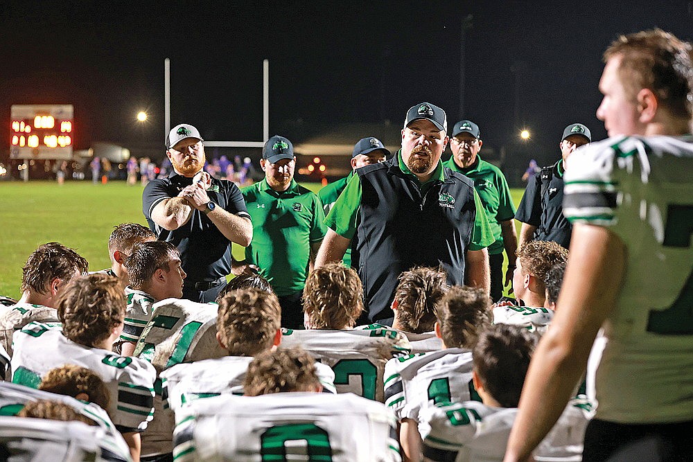 Rhinelander High School football coach Aaron Kraemer addresses his team following a 41-14 loss at Mosinee in a GNC football game Friday, Oct. 3. Heading into a key Week 8 matchup against Medford, Kraemer said the Hodags need to cut down on mistakes and cash in on opportunities to defeat the Raiders. (Bob Mainhardt for the River News)