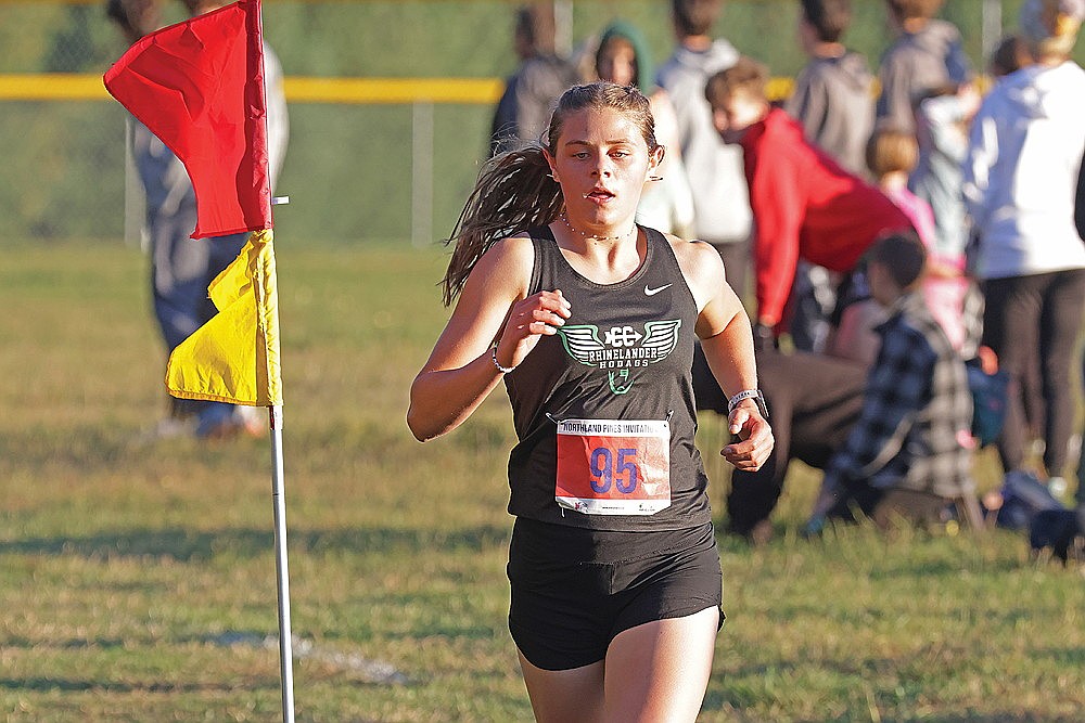 Rhinelander’s Macy Myers competes in the final mile of the Northland Pines Invitational cross country race in Eagle River Tuesday, Oct. 7. Myers on Tuesday became the first Rhinelander female to break 20 minutes in a 5K since Alayna Franson in 2017, completing the course in 19:51.4. (Jeremy Mayo/River News)