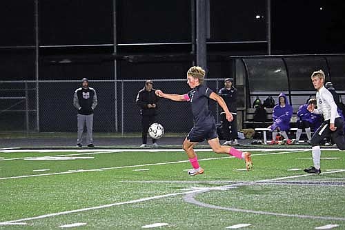 Marshall Holmquist runs towards Mosinee’s goal in the first half of a 6-0 win Tuesday, Oct. 7 at IncredibleBank Field in Minocqua. Holmquist scored four goals. (Photo by Kate Reichl/Lakeland Times)