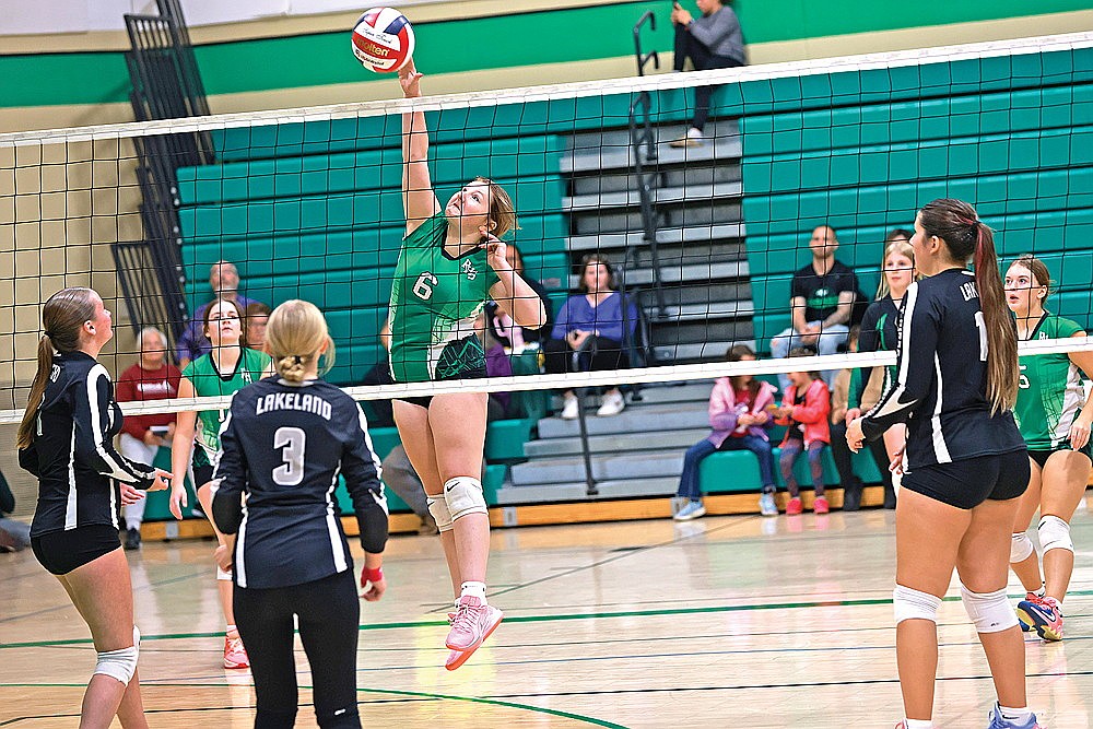Payten Denton goes up for an attack during a JV2 volleyball match between Rhinelander and Lakeland at the James Williams Middle School gymnasium Monday, Oct. 13.
