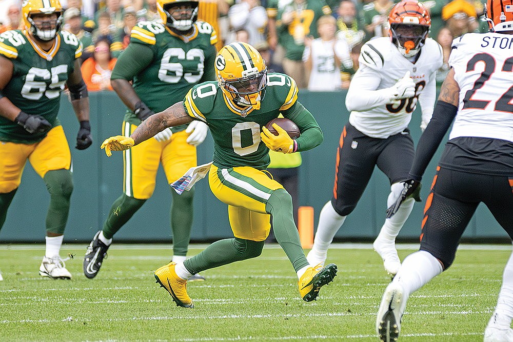 Green Bay Packers wide receiver Matthew Golden produces yards after the catch against the Cincinnati Bengals at Lambeau Field Sunday, Oct. 12.