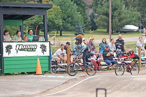 In this Aug. 9, 2025 file photo, Jackson Stark (63) of Hancock races to the finish line in the 9 Intermediate class during the Badger State Games races at the Hodag BMX track. USABMX announced last week that the track, located inside Rhinelander’s Westside Park will be the site of the 2026 Gold Cup North Central Region final Sept. 11-13, an event that is expected to attract hundreds of the top BMX riders from around the Midwest. (Photo by Bob Mainhardt for the River News)