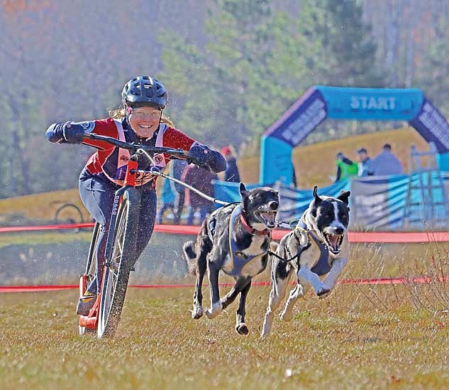 Melissa Omernick and her two-dog team race for the USA during the IFSS Continental North American Championships & "Almost" Winter Park Dryland Dog Dash on Saturday, Oct. 26, 2024 at the Minocqua Winter Park. The International Federation of Sleddog Sports’ Dryland World Championships are being held now through Oct. 26 at Minocqua Winter Park — marking this the first time the world championship series has been hosted by the United States. (Photo by Kate Reichl/Lakeland Times)