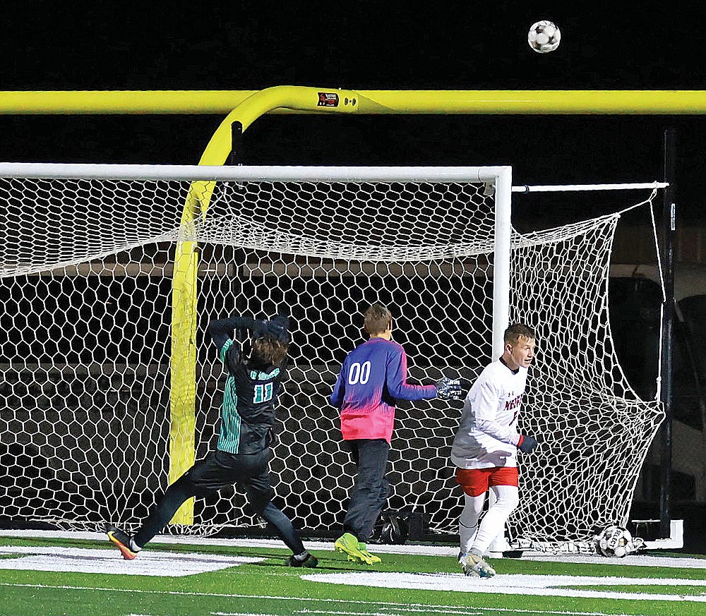 Rhinelander’s Roan Childs reacts after sending a shot high in the final minute of extra time during a WIAA Division 2 regional quarterfinal game against Medford at Mike Webster Stadium Tuesday, Oct. 21. The Hodags lost a penalty kick shootout against the Raiders, 6-5, after playing to a 1-1 tie in regulation. (Bob Mainhardt for the River News)