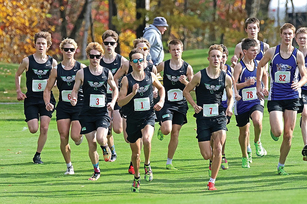 Members of the Rhinelander High School boys’ cross country team, including Matthew Wood (8), Ayden Myers (6), Jonathan Campbell (3), Wyatt Crowell (4), Avrom Barr (1), Grant Gremban, Michael Brunette (2) and Jackson Weinzatl (7), leave the starting line during the GNC championship meet at Northwood Golf Club in Rhinelander Saturday, Oct. 18. The GNC-runner up Hodags are vying for their third WIAA state meet appearance in the last five years and come into today Division 2 sectional projected as the second and final team to advanced from the 15-school event. (Jeremy Mayo/River News)