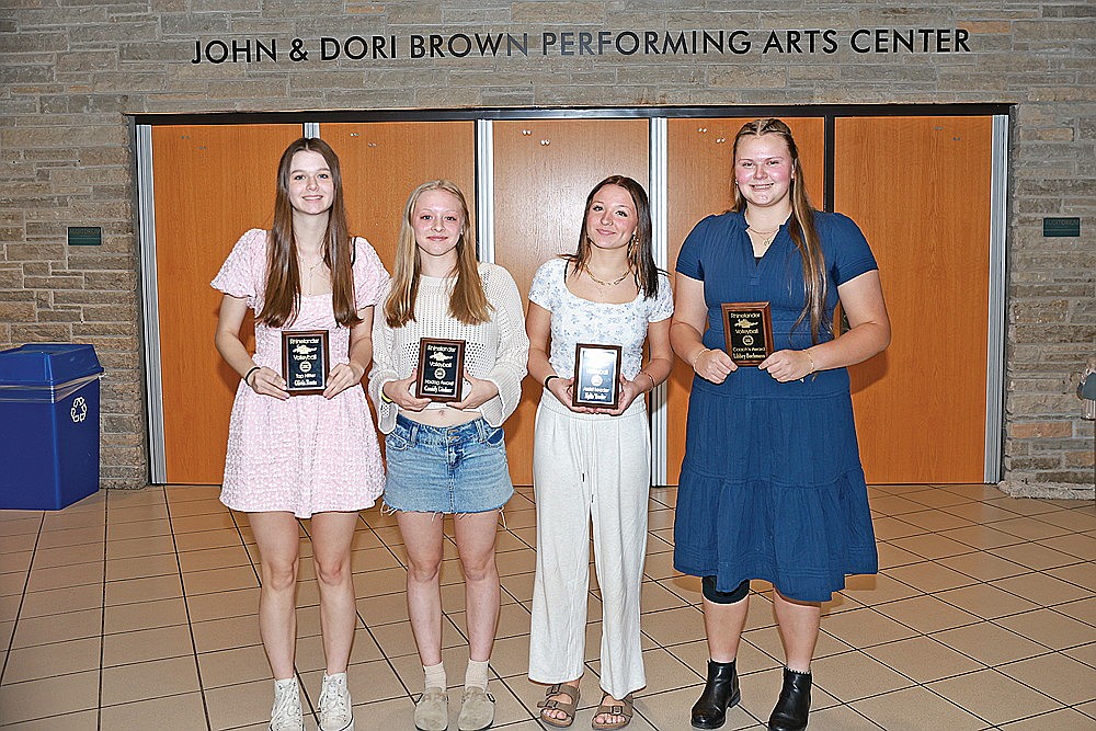 Rhinelander High School volleyball award winners pose for a photograph following the team’s banquet in the RHS commons Sunday, Oct. 26. Pictured from left to right are Olivia Ruetz, Cassidy Lindner, Kylie Treder and Libbey Buchmann. Award winners Corynn Waksmonski and Kayla Skubal were unavailable for the photograph. (Bob Mainhardt for the River News)