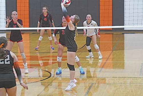 In this Sept. 15, 2025 file photo, Ryley Saarnio attacks the ball in a conference match against Washburn at John “JP” Pierpont Court in Mercer. Saarnio received honorable mention all-conference recognition at the end of the season. (Photo by Brett LaBore/Lakeland Times)