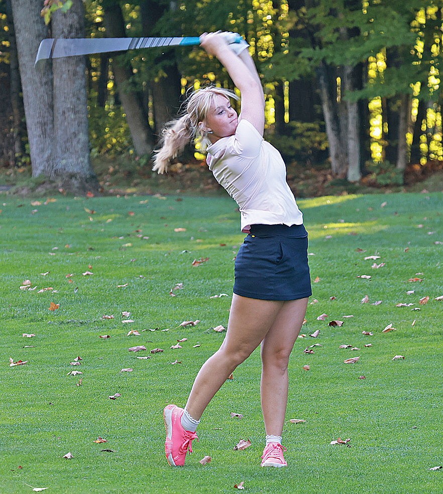 In this Sept. 25, 2025 file photo, Rhinelander’s Nevaeh Anderson hits a shot during a practice event at Northwood Golf Club. Anderson was the top player for the RHS girls’ golf team this fall, averaging 51.7 strokes per nine holes. (Bob Mainhardt for the River News)