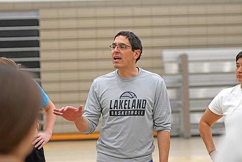 Levi Massey talks to the team during the first day of practice Monday, Nov. 10 at the Lakeland Union High School fieldhouse in Minocqua. It’s Massey’s first year as head coach of the Thunderbirds. (Photo by Brett LaBore/Lakeland Times)