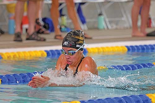 Olivia Mickle does the breaststroke in the 200 IM during a WIAA Division 2 sectional meet Saturday, Nov. 8 at Rice Lake High School. Mickle is taking part in four different events tonight as part of her final high school state meet. (Photo by Jeremy Mayo/River News)
