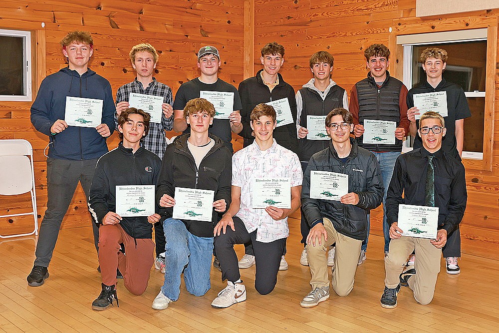 Rhinelander High School boys’ soccer team varsity letter winners pose for a photograph following the team’s banquet at the Cedric A. Vig Outdoor Classroom Sunday, Nov. 9. Pictured in the front row, from left to right, are Henry Bonardelli, Roan Childs, Dean Gillingham, Owen Evers and Asher Rivord. In the back row are Eric Parish, Aidan Lueder, Soren Dumar, Kamden Kostrova, Charlie Johnson, Landon Catlin and Trey Karaba. Letter winner Caden Ehrhardt was unavailable for the photograph. (Bob Mainhardt for the River News)