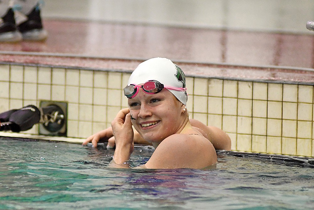 Rhinelander’s Millie Gruett smiles after finishing the 100-yard butterfly during the WIAA Division 2 state girls’ swim meet in Waukesha Friday, Nov. 14. (Brett Labore/Lakeland Times)