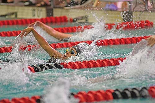 Olivia Mickle swims the 100 backstroke during the WIAA Division 2 state meet Friday, Nov. 14 at Waukesha South Natatorium. Mickle ended her high school career by swimming in four events. (Photo by brett labore/lakeland Times)