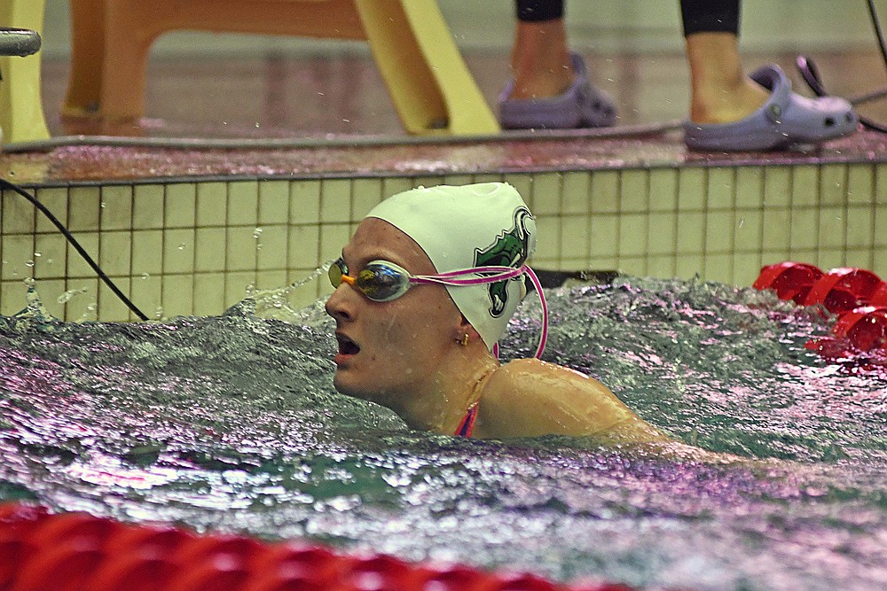 Rhinelander’s Kiley Pooch looks up after touching the wall to finish the 50-yard freestyle during the WIAA Division 2 state girls’ swim meet in Waukesha Friday, Nov. 14. (Brett LaBore/Lakeland Times)