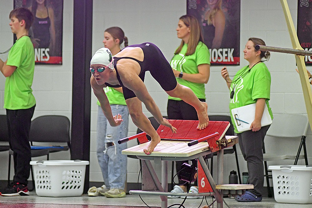 Rhinelander’s Vivian Lamers takes off to begin the 50-yard freestyle during the WIAA Division 2 state girls’ swim meet in Waukesha Friday, Nov. 14. (Brett LaBore/Lakeland Times)