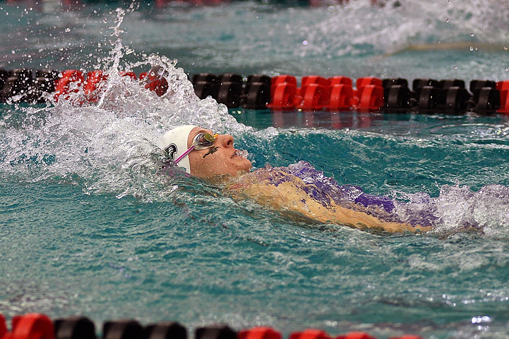 Rhinelander’s Kiley Pooch competes in the 100-yard backstroke during the WIAA Division 2 state girls’ swim meet in Waukesha Friday, Nov. 14. (Brett LaBore/Lakeland Times)