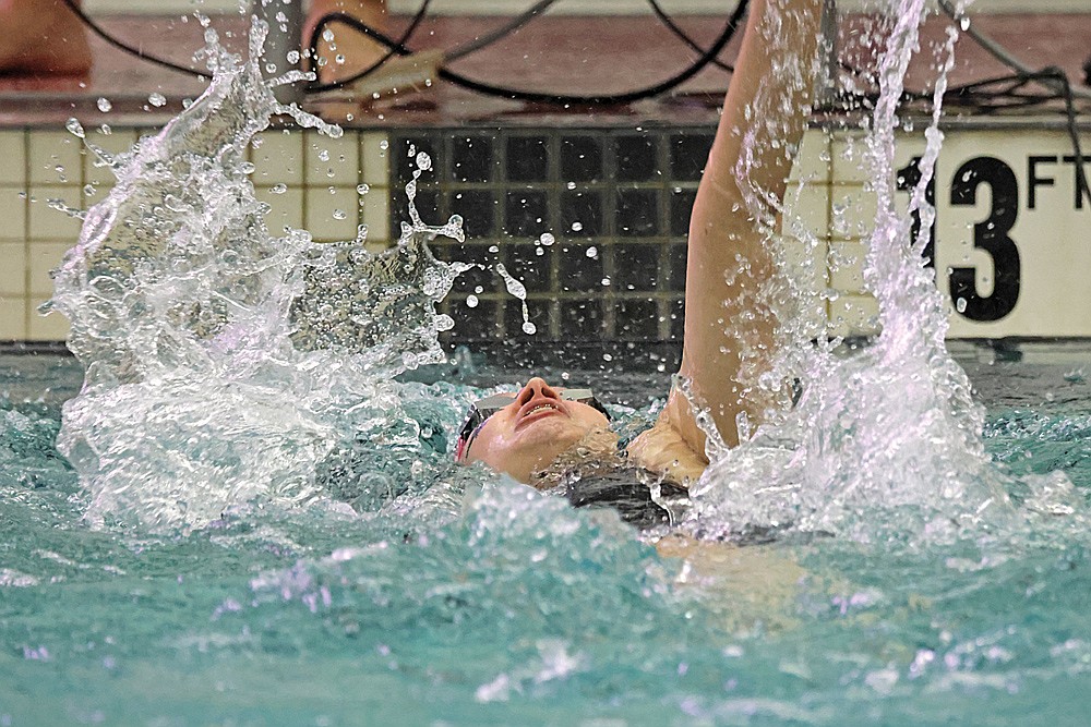 Rhinelander’s Emma Houg competes in the 100-yard backstroke during the WIAA Division 2 state girls’ swim meet in Waukesha Friday, Nov. 14. (Jeremy Mayo/River News)