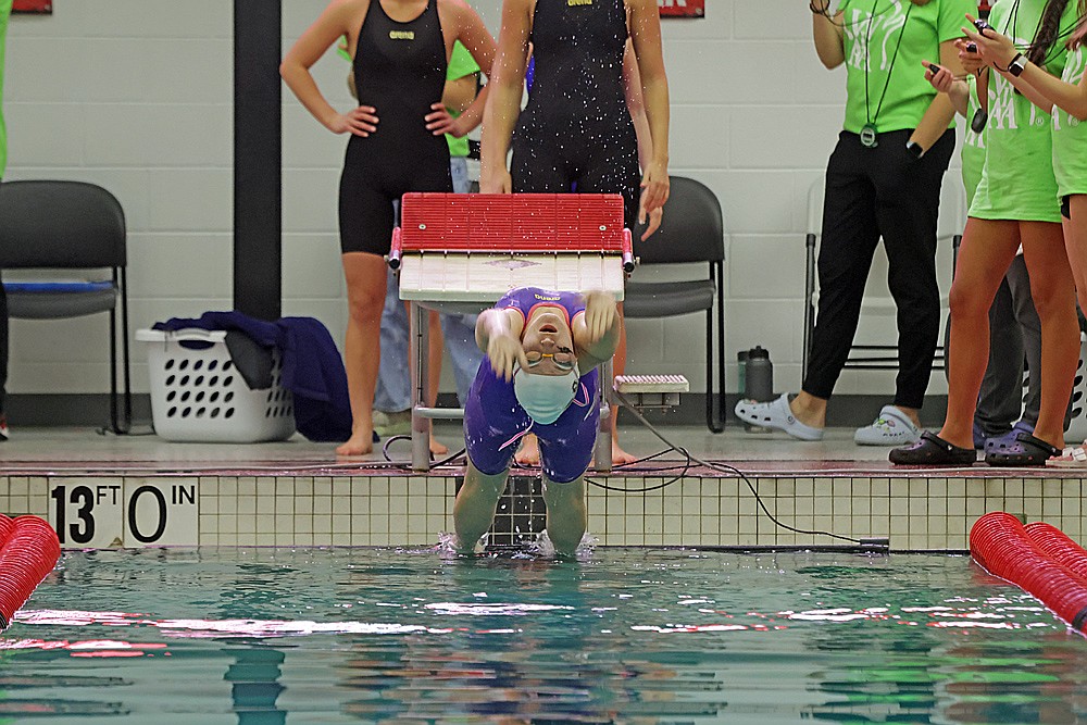Rhinelander’s Kiley Pooch takes off to begin the 200-yard medley relay during the WIAA Division 2 state girls’ swim meet in Waukesha Friday, Nov. 14. (Jeremy Mayo/River News)
