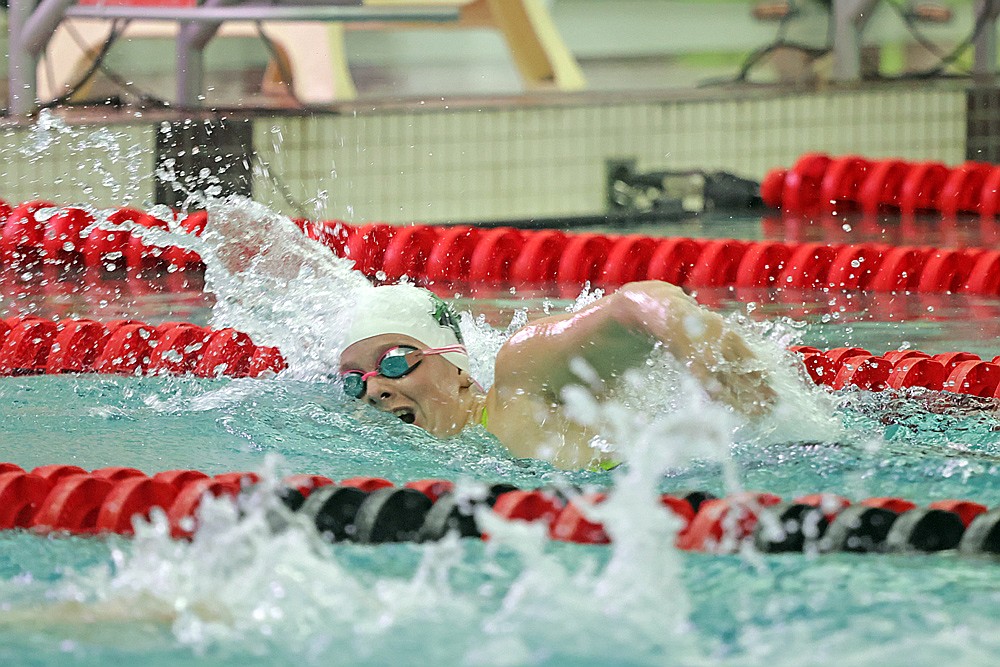 Rhinelander’s Rylee Mickevicius competes in the 200-yard freestyle during the WIAA Division 2 state girls’ swim meet in Waukesha Friday, Nov. 14. (Jeremy Mayo/River News)