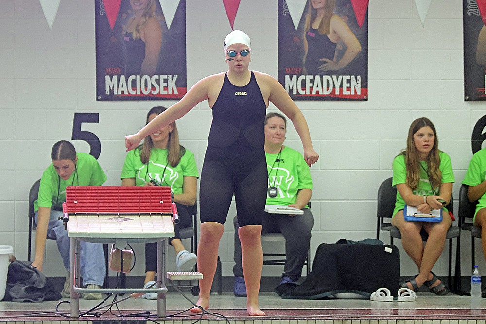 Rhinelander’s Emma Houg prepares for the start of the 200-yard individual medley during the WIAA Division 2 state girls’ swim meet in Waukesha Friday, Nov. 14. (Jeremy Mayo/River News)