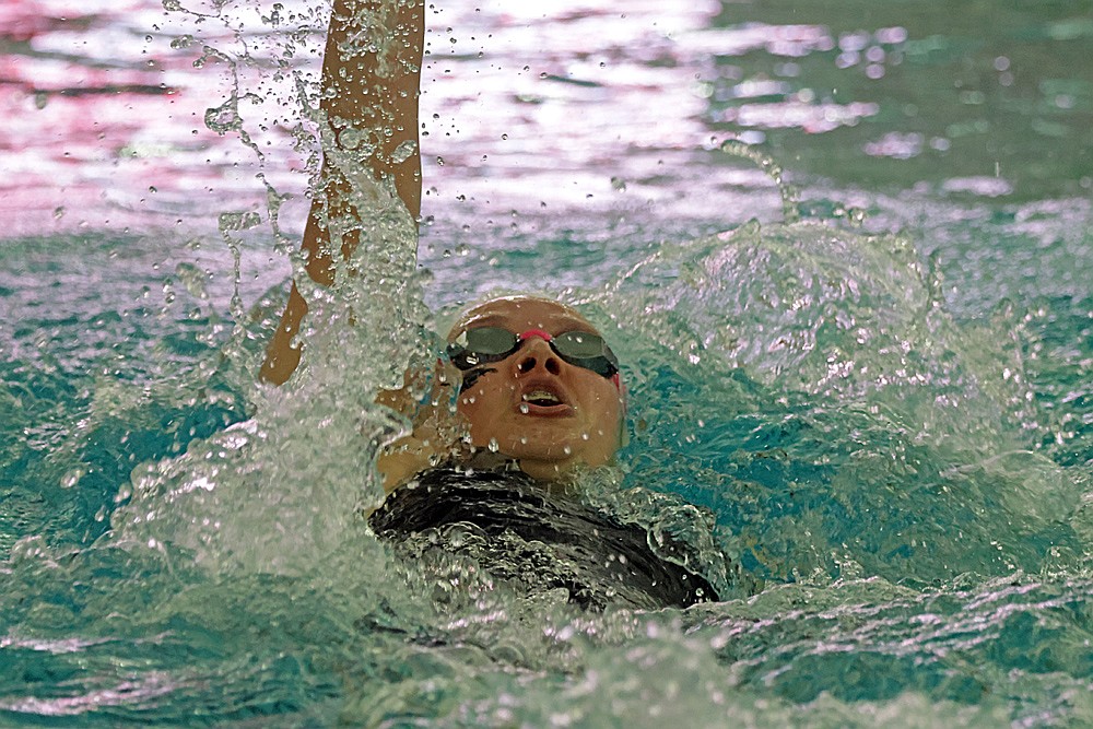 Rhinelander’s Emma Houg swims the backstroke portion of the 200-yard individual medley during the WIAA Division 2 state girls’ swim meet in Waukesha Friday, Nov. 14. (Jeremy Mayo/River News)
