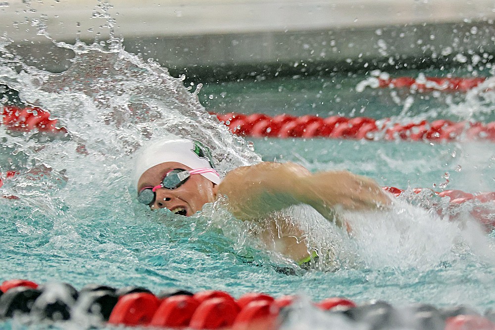 Rhinelander’s Rylee Mickevicius competes in the 200-yard freestyle relay during the WIAA Division 2 state girls’ swim meet in Waukesha Friday, Nov. 14. (Jeremy Mayo/River News)