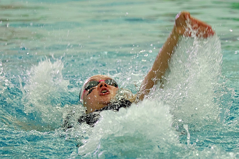 Rhinelander’s Emma Houg competes in the 100-yard backstroke during the WIAA Division 2 state girls’ swim meet in Waukesha Friday, Nov. 14. (Jeremy Mayo/River News)