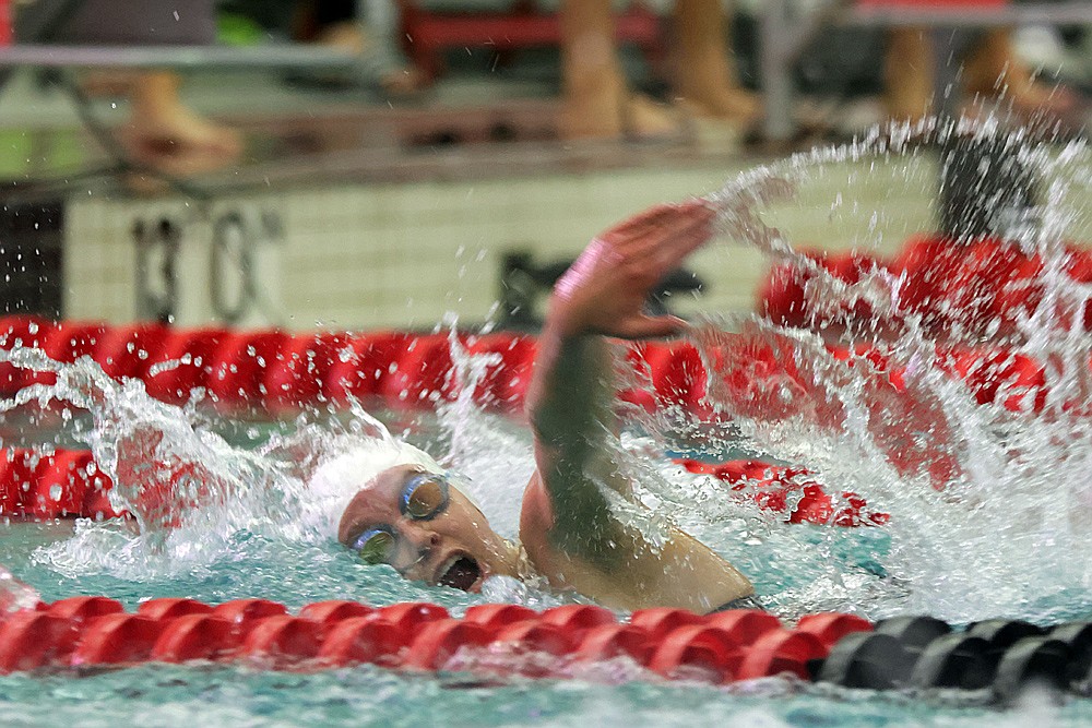 Rhinelander’s June Chiamulera competes in the 400-yard freestyle relay during the WIAA Division 2 state girls’ swim meet in Waukesha Friday, Nov. 14. (Jeremy Mayo/River News)