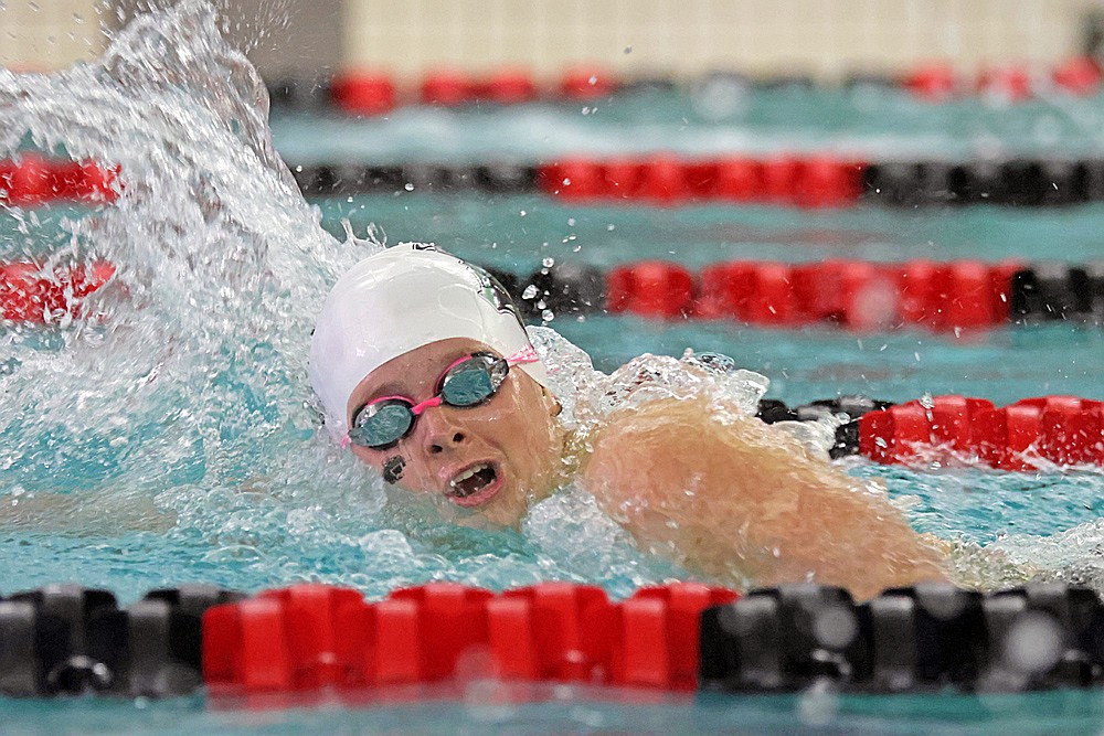 Rhinelander’s Rylee Mickevicius competes in the 400-yard freestyle relay during the WIAA Division 2 state girls’ swim meet in Waukesha Friday, Nov. 14. (Jeremy Mayo/River News)