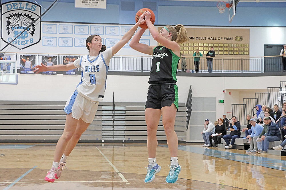 In this Dec. 28, 2024 file photo Rhinelander’s Aubryn Clark attempts a shot during a non-conference girls’ basketball game at Wisconsin Dells. Aubryn Clark, returns for the Hodags this season. She averaged 21.5 points per game last season before missing the final 12 games due to a back injury. (Jeremy Mayo/River News)