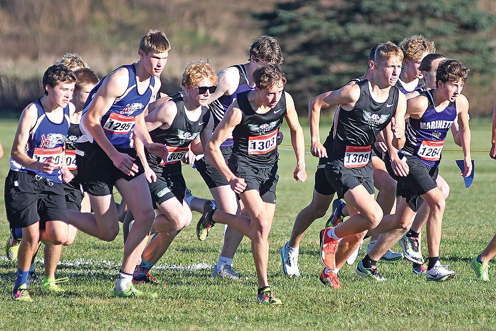 In this Oct. 24, 2025 file photo, Rhinelander’s Avrom Barr (1303) and Jackson Weinzatl (1308) take off from the starting line of a WIAA Division 2 sectional race in Merrill. Barr and Weinzatl led the Hodag boys this year, and both qualified for the WIAA state meet. (Brett LaBore/Lakeland Times)