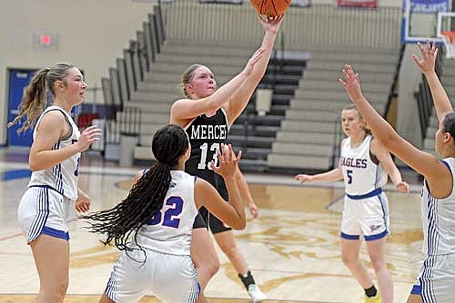 Kaylee Powers scores Mercer’s first points of the season with a basket in the first half of the season opener against Northland Pines Thursday, Nov. 20 at Northland Pines High School in Eagle River. Powers led the Tigers with four points. (Photo by Brett LaBore/Lakeland Times)