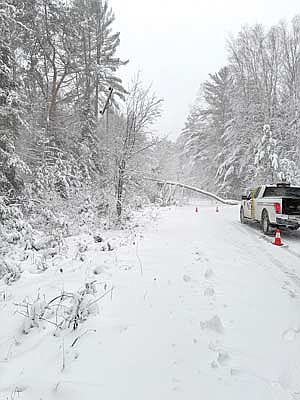 A Wisconsin Public Service pickup truck on a Minocqua town road with a tree down blocking access during last week’s snowstorm. 
(Contributed photograph)