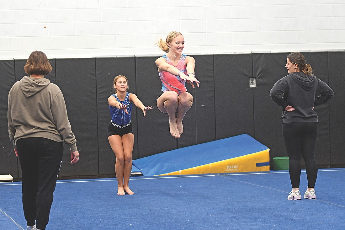 Tessa Mortag, left, and Claire Elbe are both new to the Lakeland high school gymnastics team this season. (Photo by Brett LaBore/Lakeland Times)