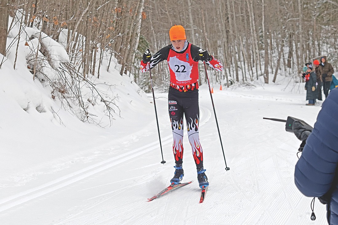 Barrett Eggen skis his way to a first-place finish in the WinMan Early Bird race Saturday, Dec. 20 at the WinMan Trails in Winchester. Eggen won with a time of 16:16. (Photo by Jeremy Mayo/River News)