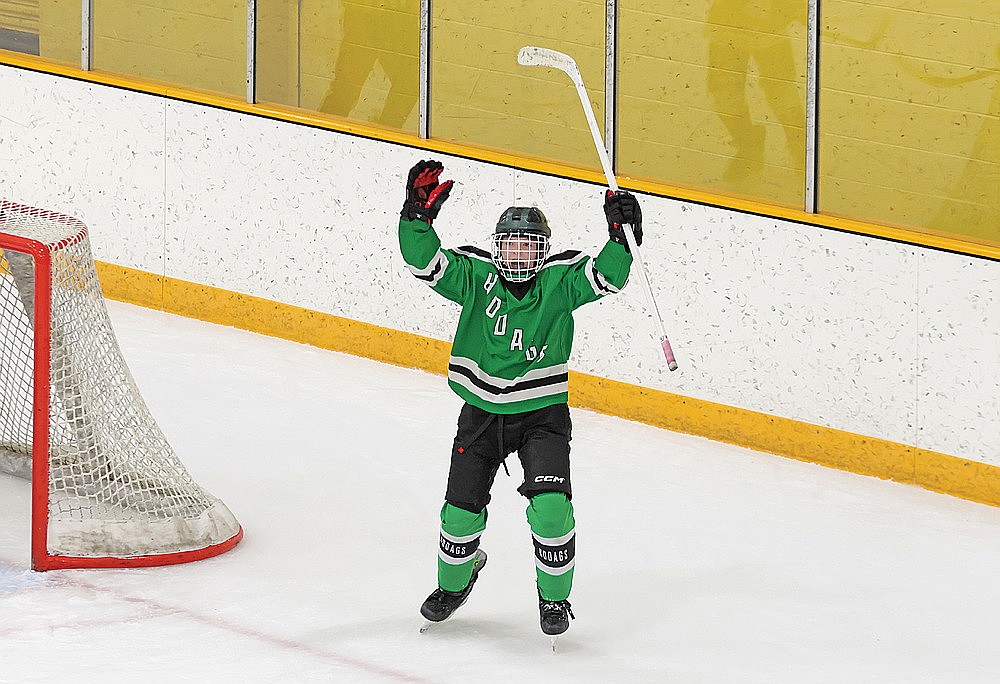 In this March 9, 2025 file photo, Rhinelander’s Easton Ostrom reacts after scoring the game-winning goal in the Hodags’ 3-2 victory over Somerset in the WAHA Peewee 3A state championship game in Waupun. (Jeremy Mayo/River News)