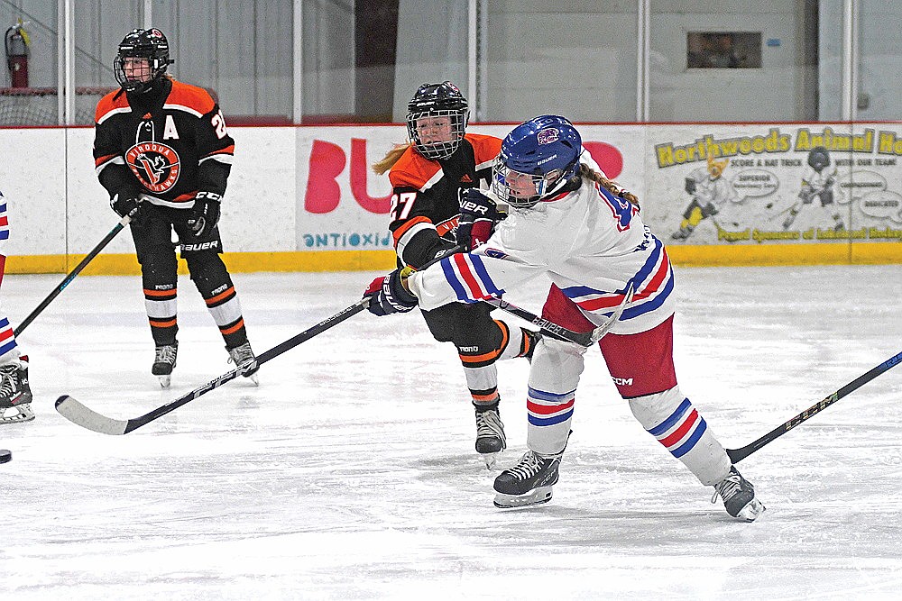 Lena Chiamulera fires a shot toward the net during the second period of a high school girls’ hockey game between the Northland Pines co-op and the Viroqua co-op at the Lakeland Ice Arena Saturday, Jan. 3. Chiamulera, a freshman from Rhinelander, scored in the contest for the Eagles, who defeated the Blackhawks, 4-1. (Brett LaBore/Lakeland Times)